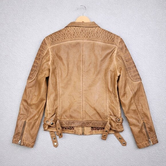 Y2K Womens Brown Faux Leather Coated Full Zip Biker Moto Jacket Size Large Lined - Picture 2 of 10